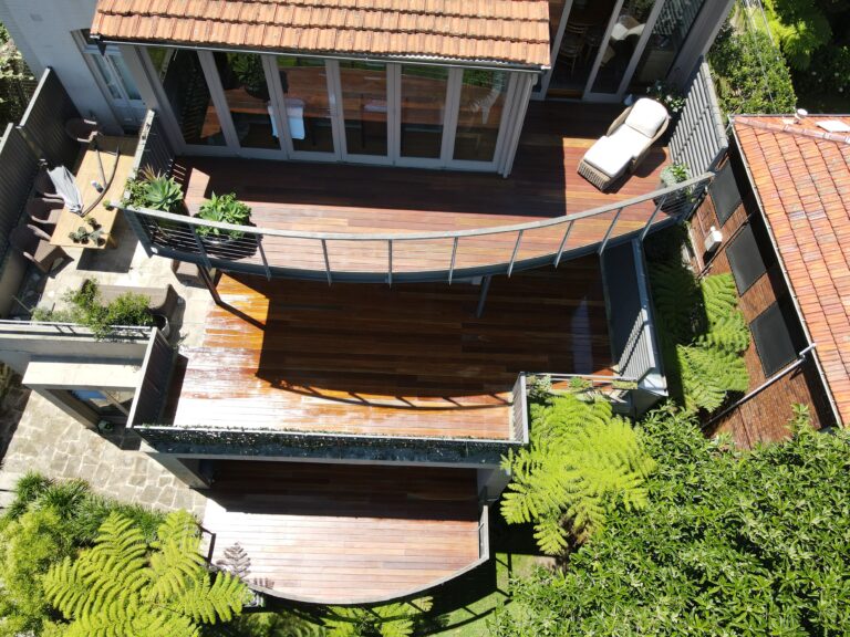 Aerial view of a multi-level hardwood deck in Sydney built by Vetra Group