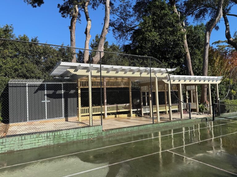 Timber pergola and shed beside a tennis court in Sydney built by Vetra Group